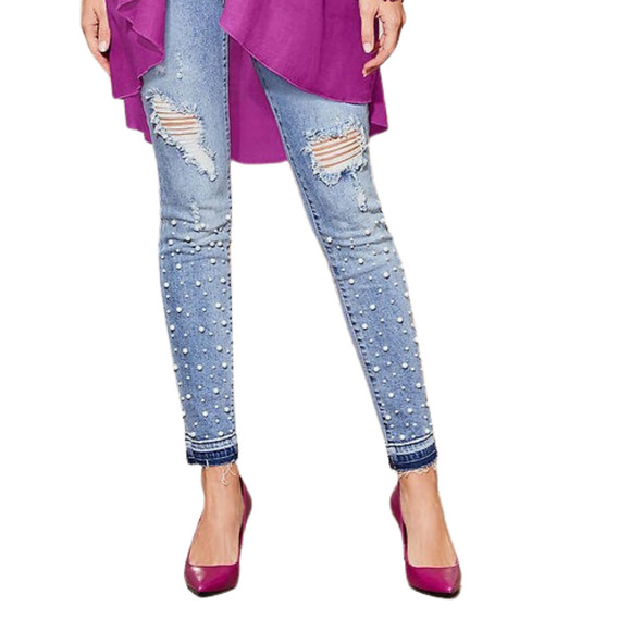 Distressed Jeans Size 4 Skinny Studded Pearls Jeans High Stretch Stonewashed MED - Picture 1 of 6